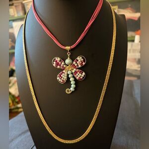 Set of 2 necklaces,Butterfly Colorful Stones on Cord & GoldTone Omega Chain.